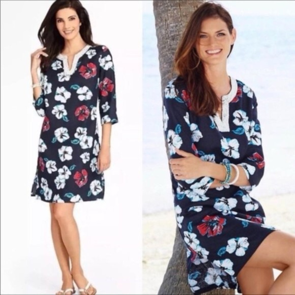 Talbots Dress Shift Linen XXL Beaded Beach Navy Floral Coastal Romantic Feminine